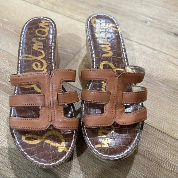 Sam Edelman Women's Slip-On Brown Leather Wedge Sandal Size 9.5M GUC - Picture 2 of 13